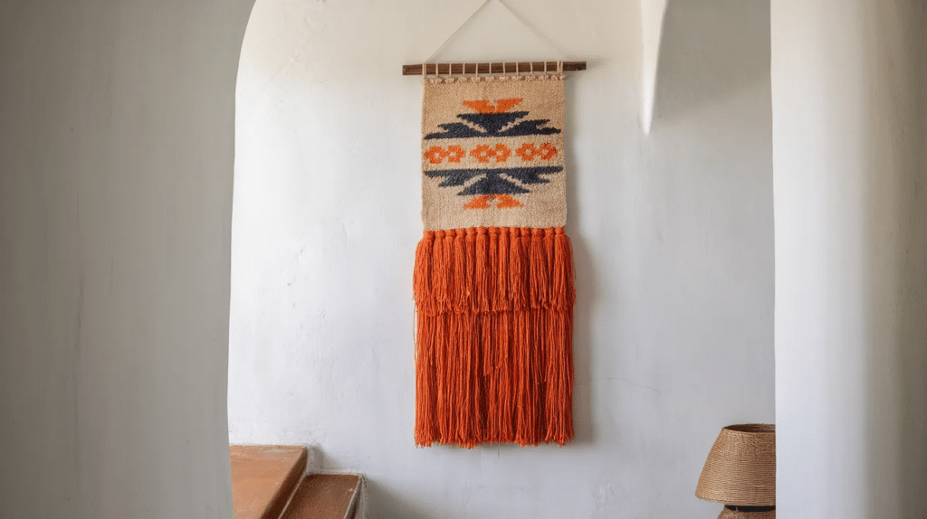 Woven wall tapestry adding texture to hallway