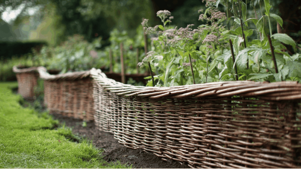 _Woven willow edging adding rustic charm to garden borders