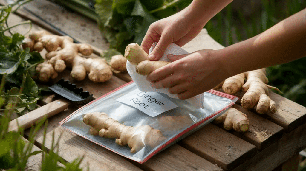 Wrapping ginger in a paper towel and placing it in a zip-top bag for fridge storage