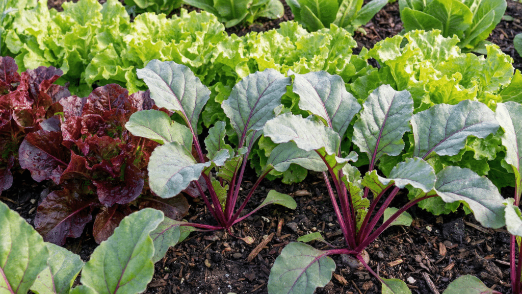 Young beet greens with vibrant magenta stems grow in dark soil beside rows of red and green leafy lettuce in a garden bed