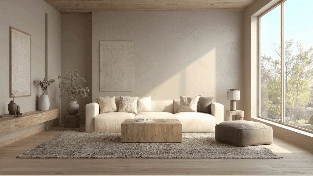 organic modern living room with beige tones, neutral sofa, and warm natural textures