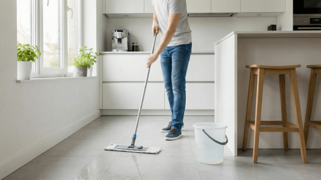 rinsing ceramic tile floors with clean water to remove soap residue and prevent cloudy buildup