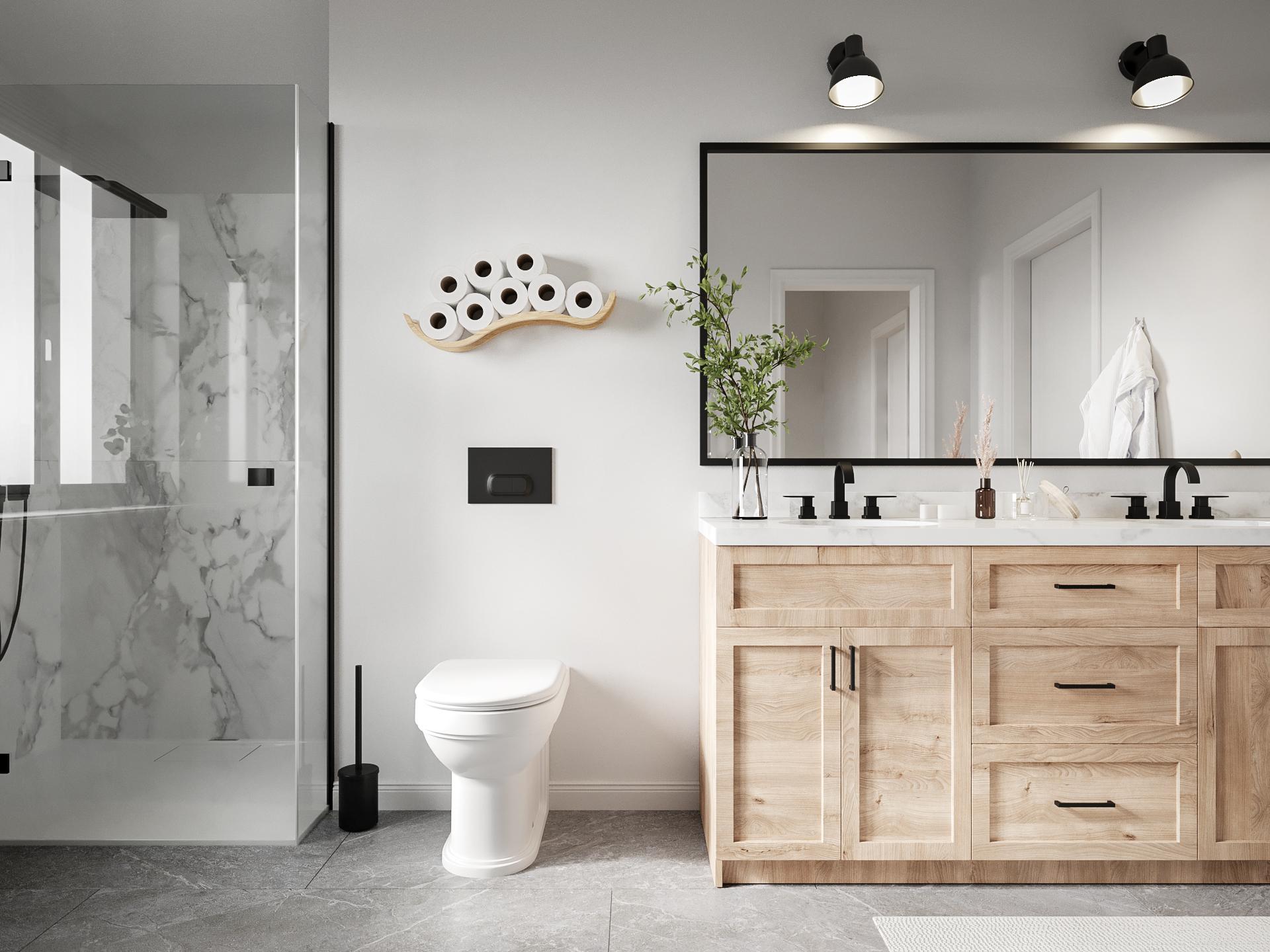 wood floating wave toilet roll holder in modern bathroom interior