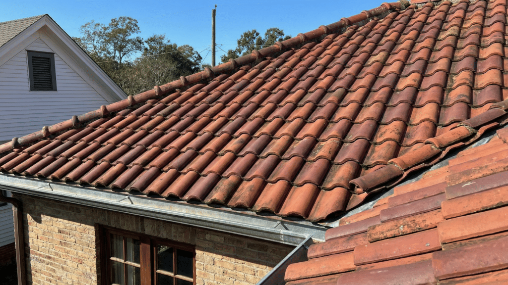 A close-up, eye-level shot showcases a red tile roof under a clear blue sky