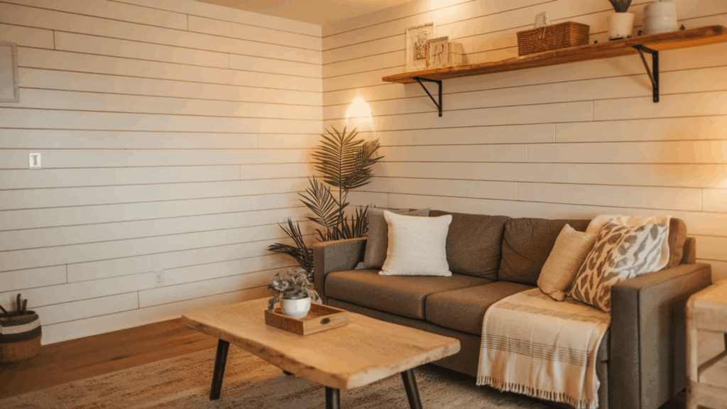 A cozy living room with a sofa, wooden table, plants, and a shiplap wall. What is shiplap and how does it enhance modern interiors