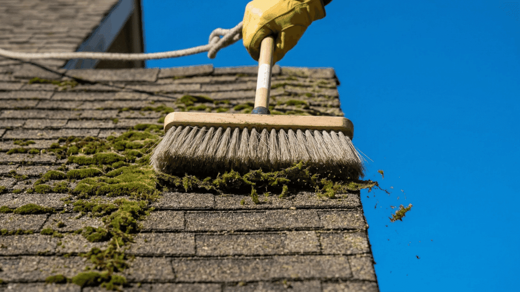 How to Get Moss Off Roof Without Damaging Shingles A gloved hand uses a stiff-bristled brush to scrub bright green moss off an asphalt shingle roof.
