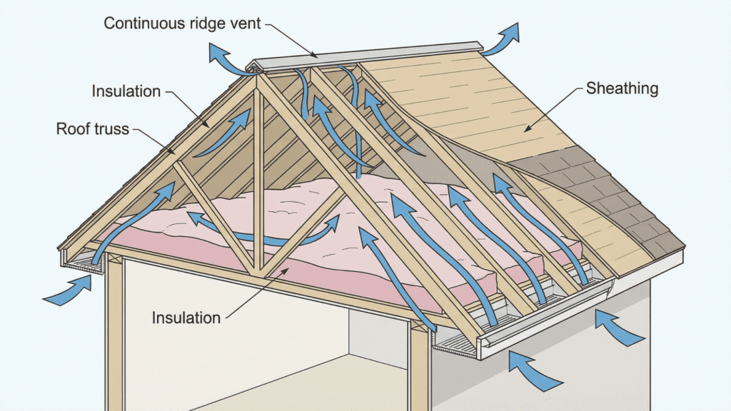 Airflow moving from soffit vents to ridge vent for attic ventilation