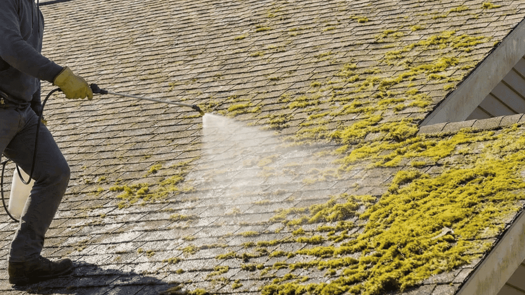 Applying moss killing solution to roof using pump sprayer