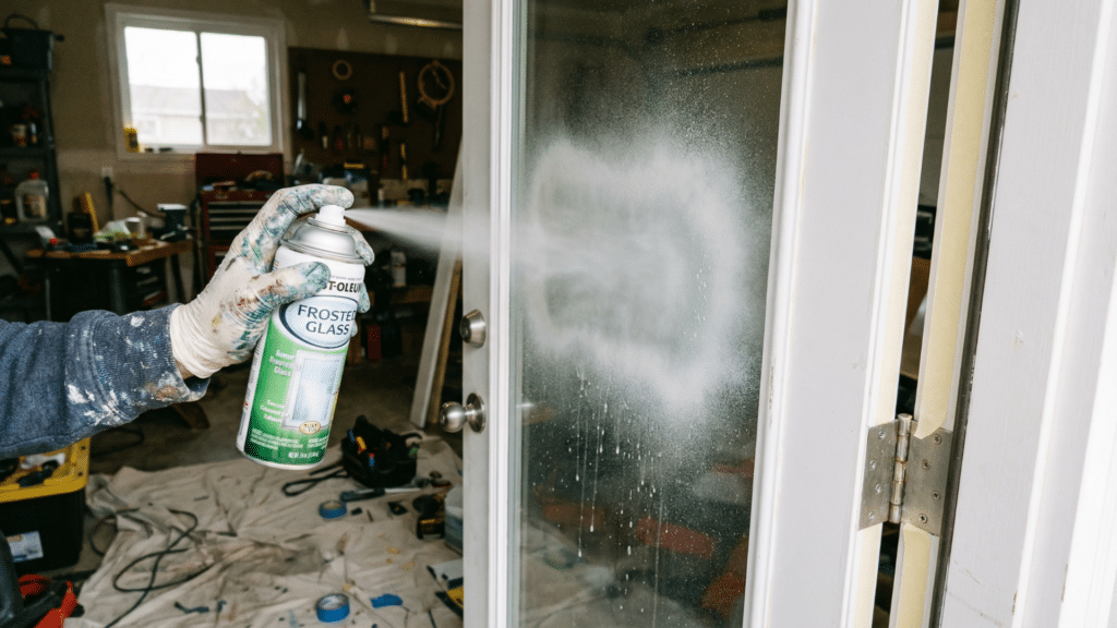 Applying+frosted+glass+spray paint to create a translucent matte finish on clear glass