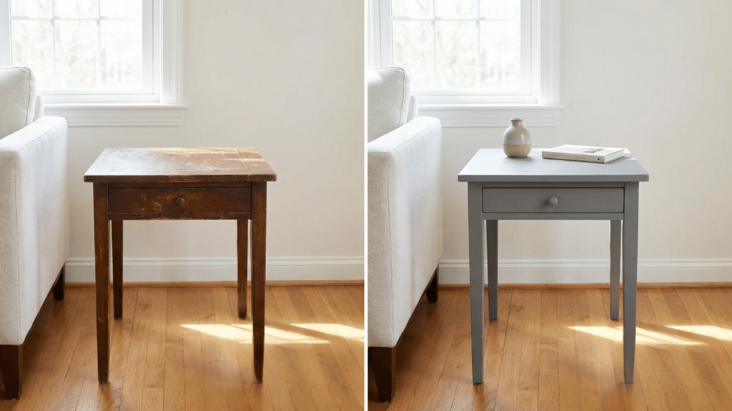 How to Paint Furniture with Chalk Paint? Before and after comparison of a wooden side table painted with gray chalk paint