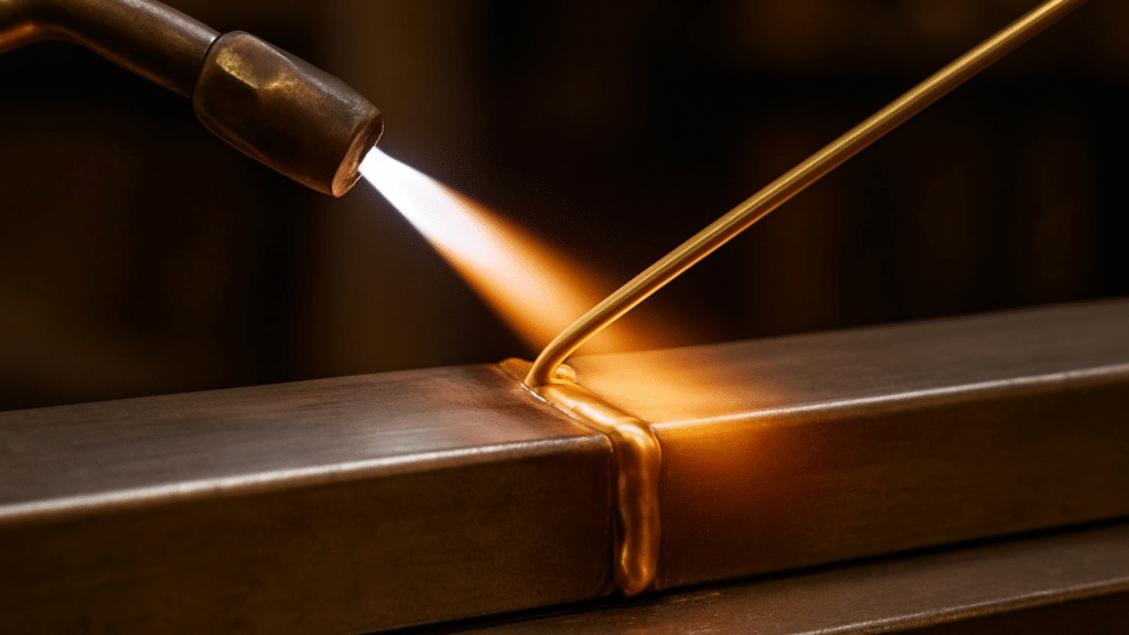 Brazing metal with flame and filler rod.