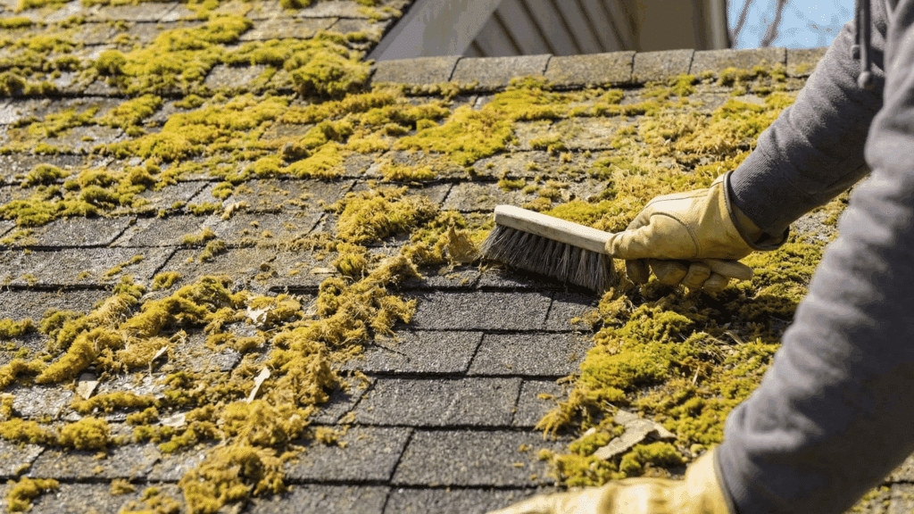 Brushing off dried moss from roof after treatment