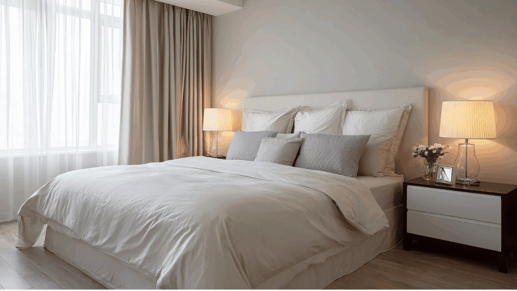 Calm bedroom designed with Feng Shui principles for better sleep