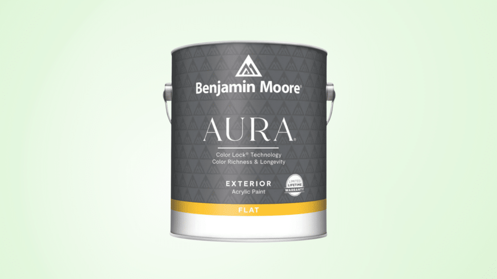 Can of Benjamin Moore Aura Exterior Paint on a light green solid background