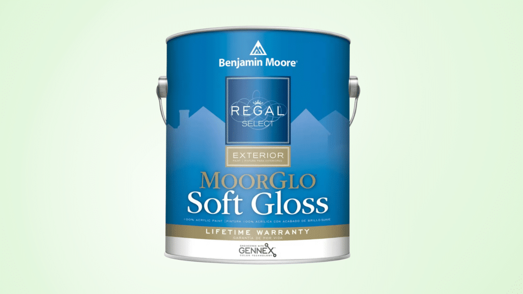 Can of Benjamin Moore Regal Select Exterior on a light green solid background
