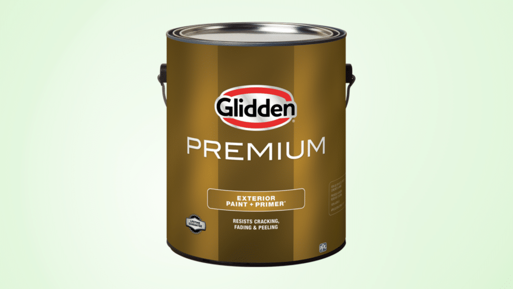 Can of Glidden Premium Exterior Paint on a light green solid background