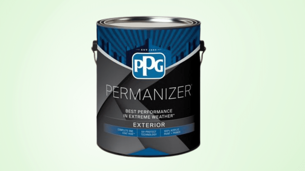 Can of PPG Permanizer Exterior Acrylic Latex on a light green solid background