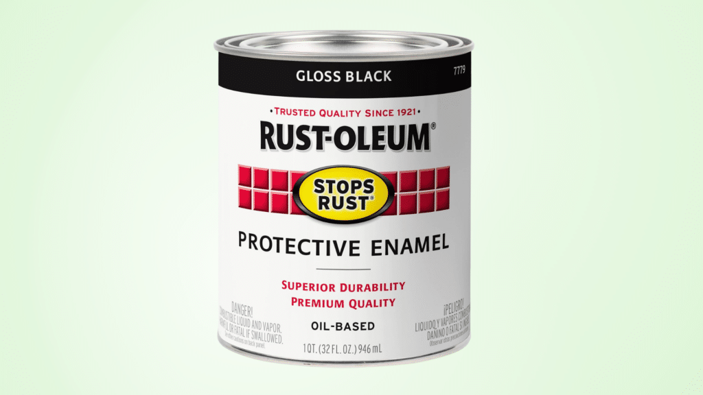 Can of Rust-Oleum Protective Enamel on a light green solid background