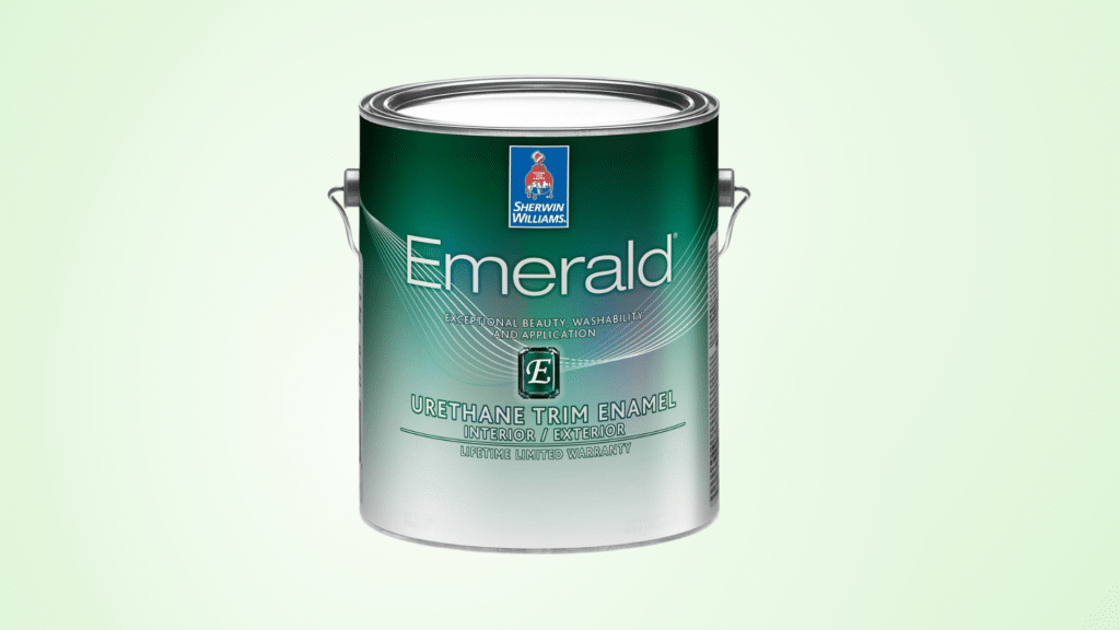 Can of Sherwin-Williams Emerald Urethane Trim Enamel on a light green solid background
