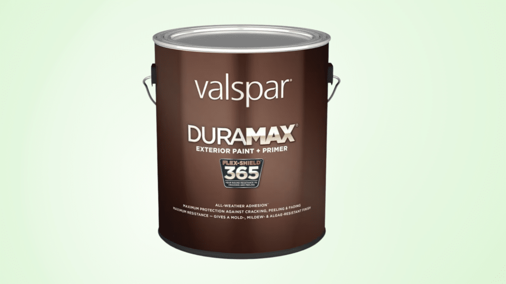 Can of Valspar Duramax Exterior Paint on a light green solid background