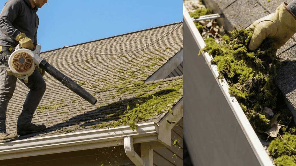 Cleaning moss from roof and clearing debris from house gutters