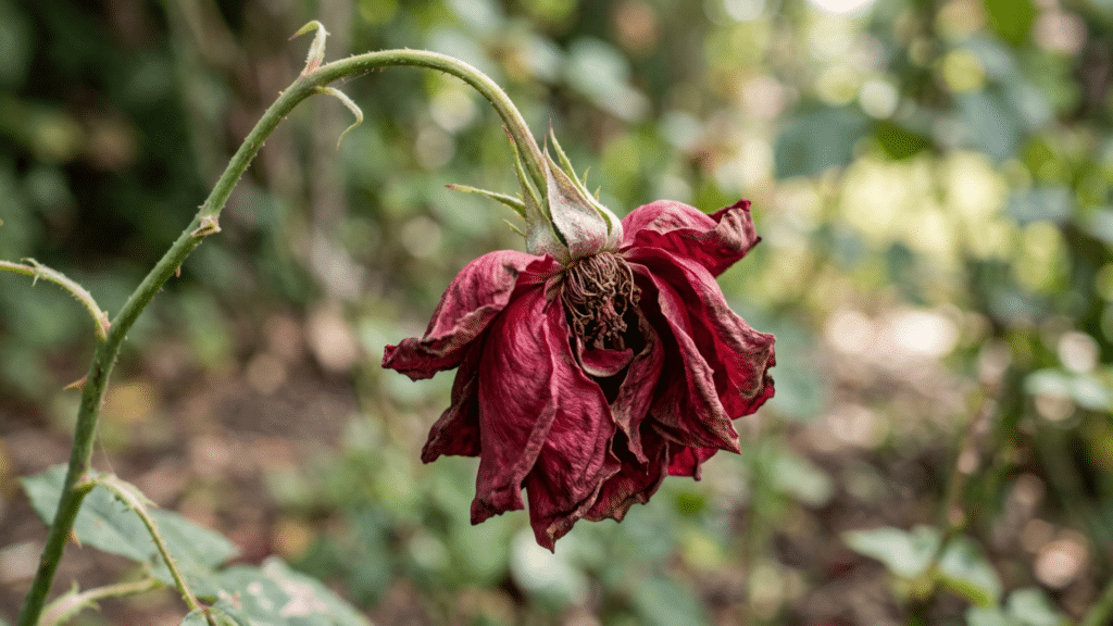 Close-up of a wilted flower with drooping petals and bent stem