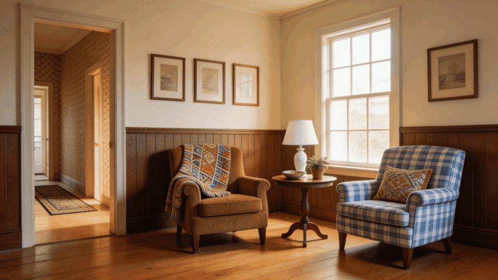 Colonial keeping room beside kitchen with fireplace and simple wooden furniture
