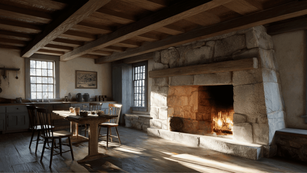 Colonial keeping room used for sewing, family time, and daily tasks