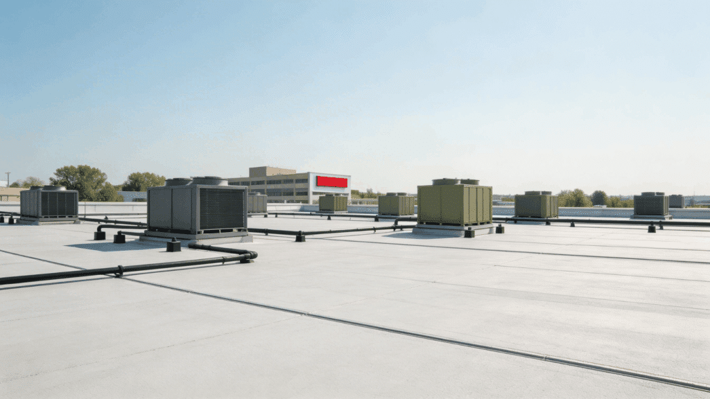 Commercial flat TPO roof featuring several large HVAC units connected by black piping under a clear blue sky.