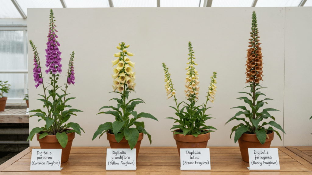 Comparison of different foxglove species with varying flower colors
