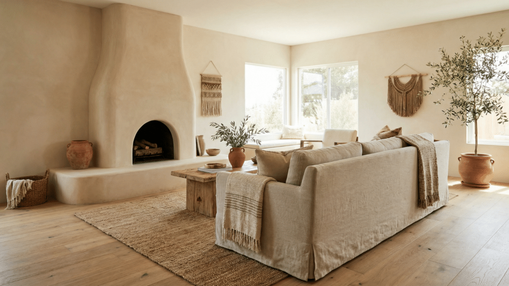 Curved plaster fireplace with soft edges in a warm modern living room