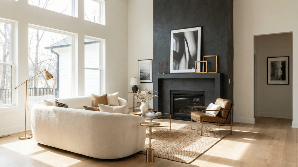 Dark-toned plaster fireplace creating contrast in a bright living room