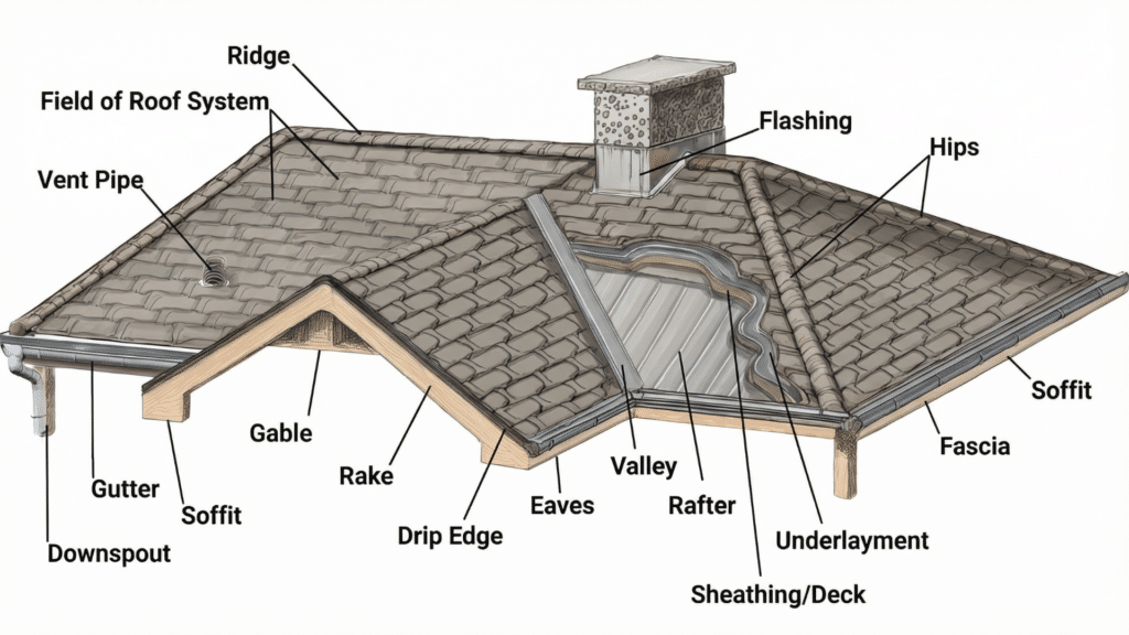 Diagram illustrating labeled components of a residential roof system