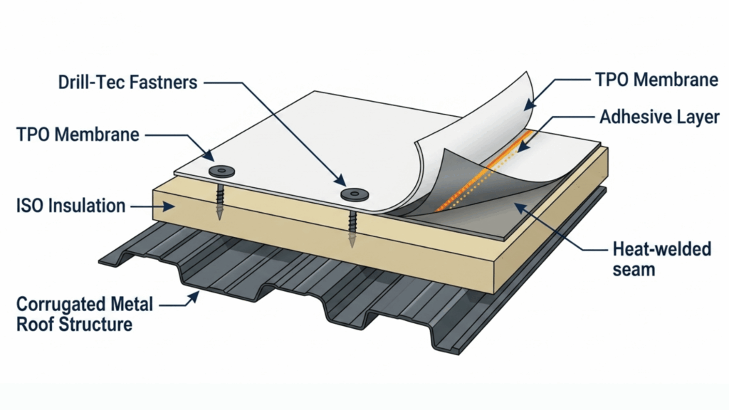 Diagram illustrating the layers of a TPO roofing system installed over ISO insulation and a corrugated metal roof structure.