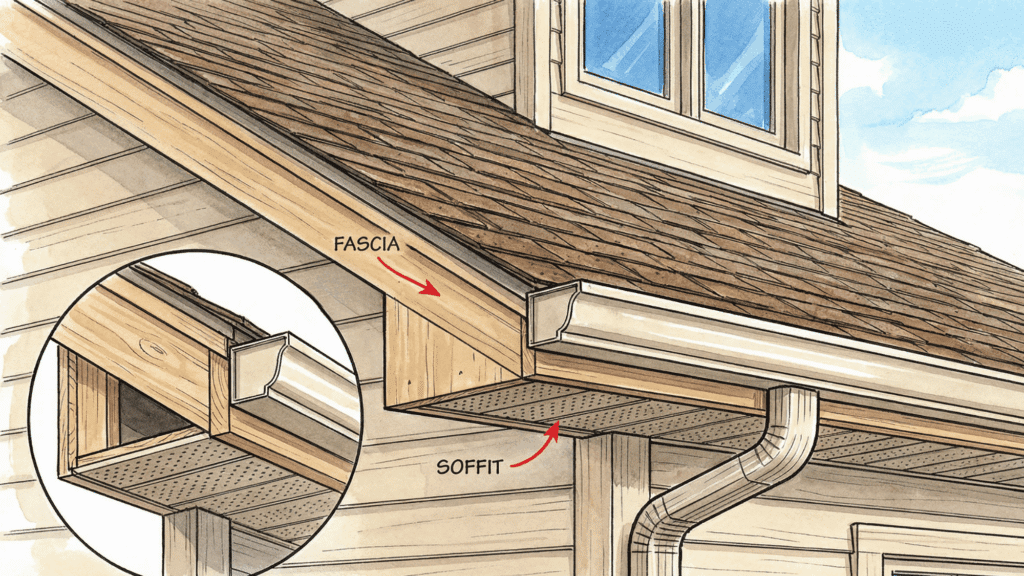 Diagram of roof eaves showing fascia and soffit and other main parts