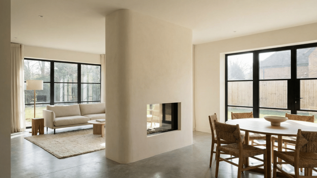 Double-sided plaster fireplace dividing open living and dining spaces