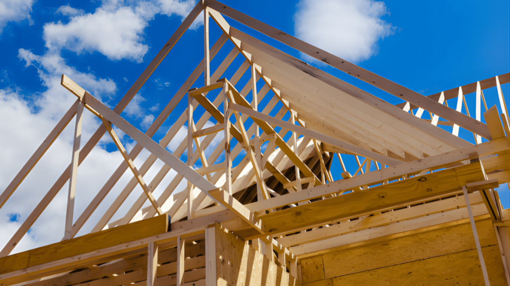 Exposed wooden rafters and roof trusses forming the structural framework of a residential roof