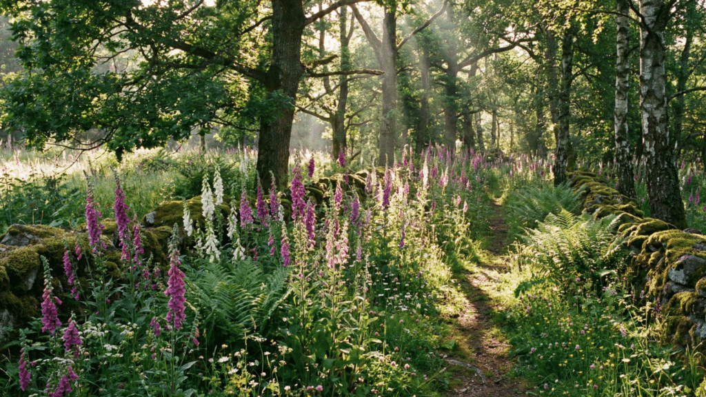 Foxglove plants growing along a woodland edge in their natural habitat