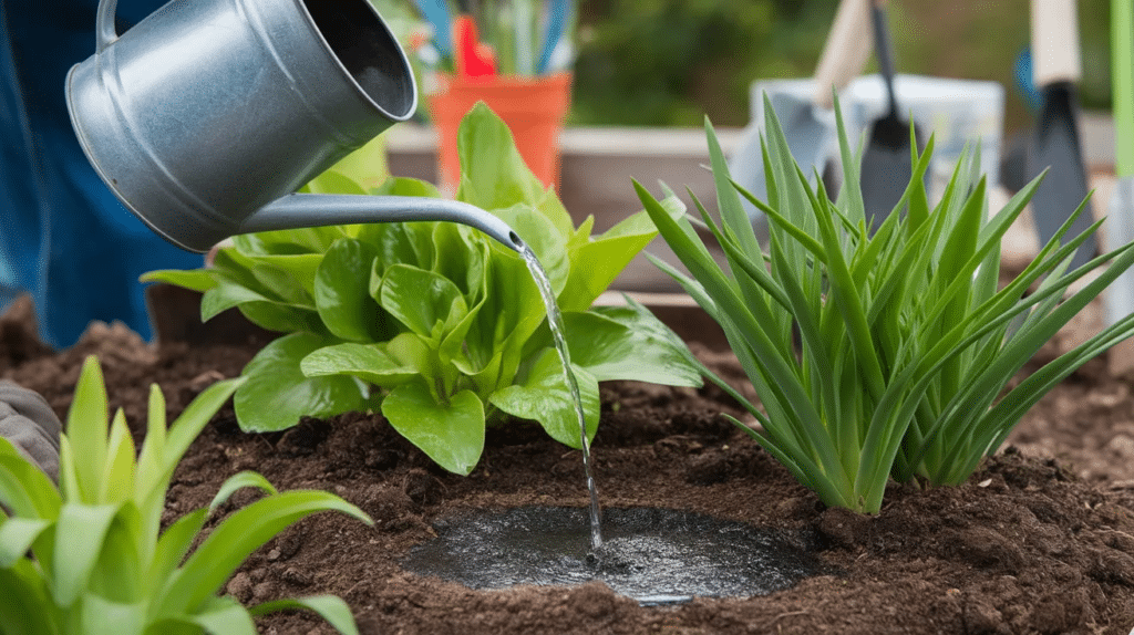 Gardener pouring liquid fertilizer from a metal watering can onto soil around healthy green garden plants does fertilizer go bad.