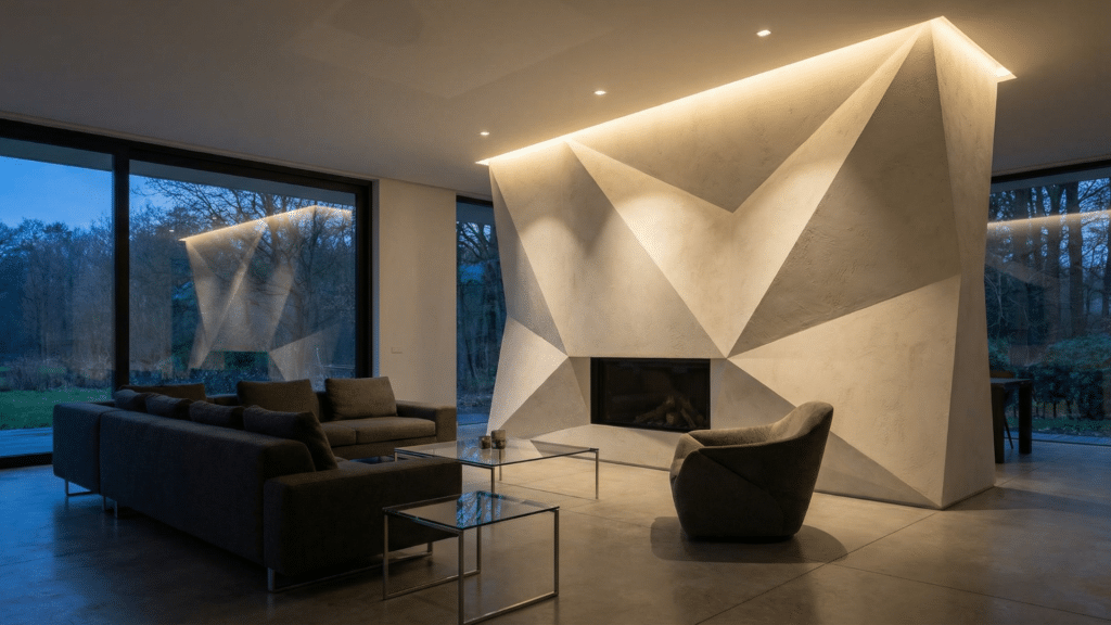 Geometric plaster fireplace with bold modern architectural lines