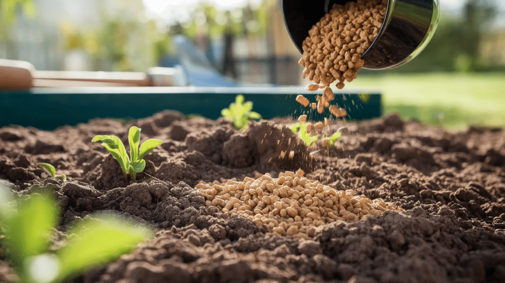 Granular fertilizer being poured onto garden soil around small green seedlings in a sunny backyard planting bed does fertilizer go bad.