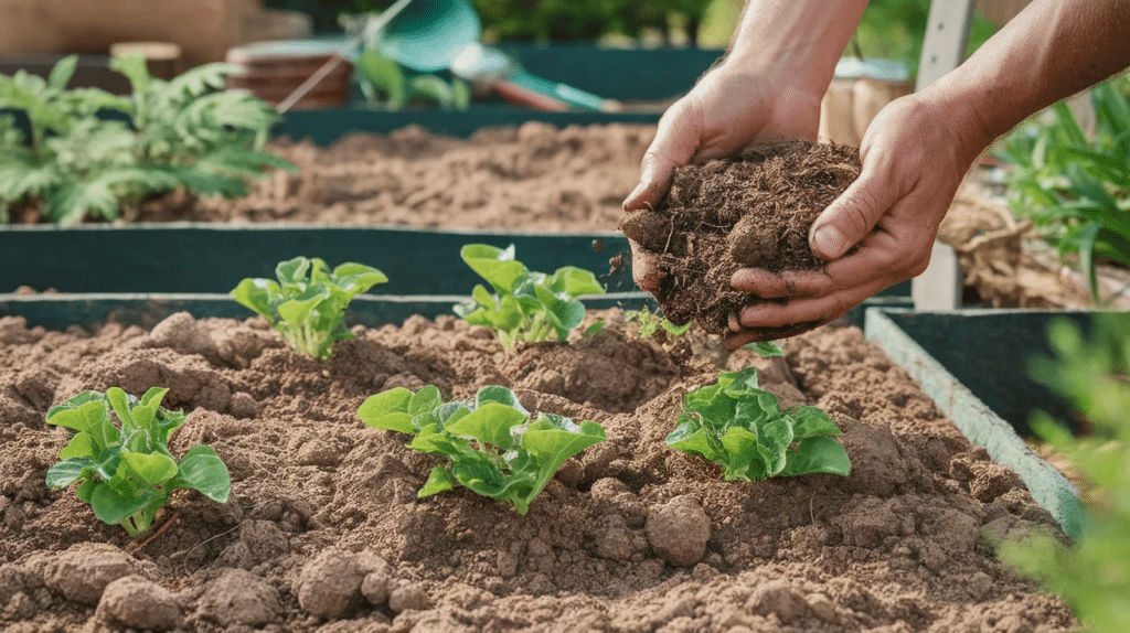 Hands spreading organic compost fertilizer onto soil around small green vegetable plants in a raised garden bed does fertilizer go bad.