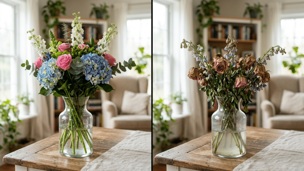 Healthy flowers next to wilted drooping flowers in a vase indoors