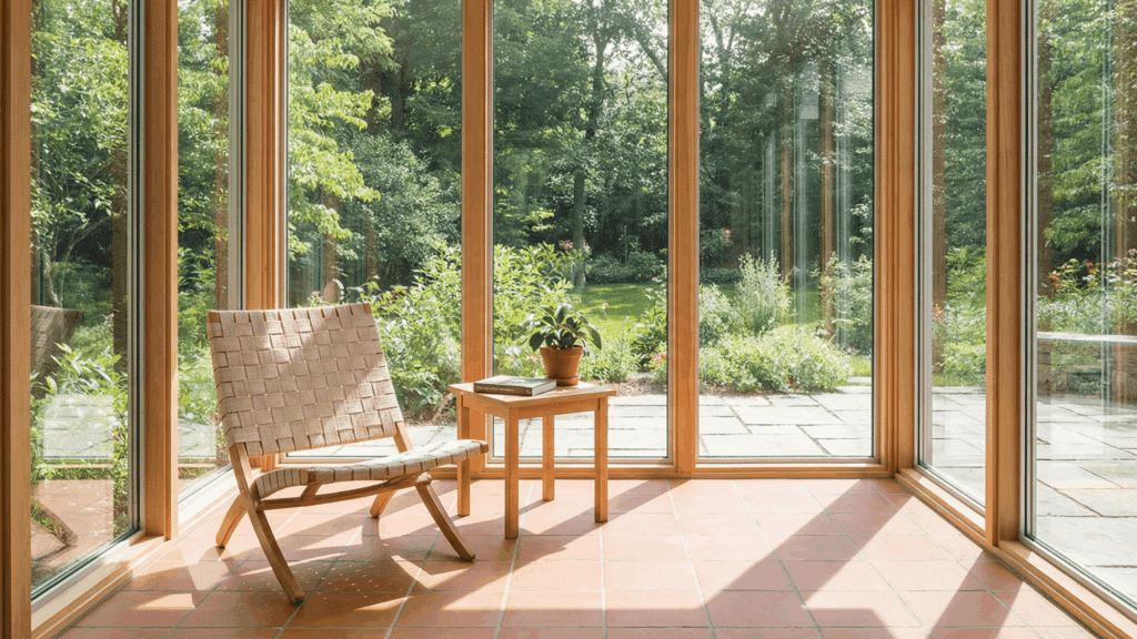 Interior of 3 season room with large windows and tile flooring