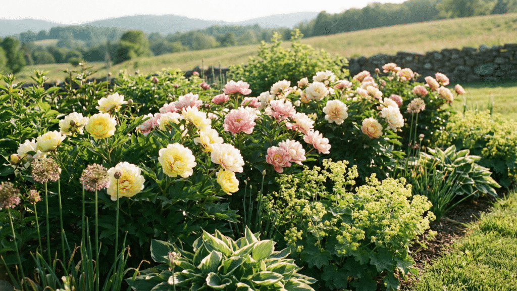 Late spring garden with blooming Itoh peonies in multiple colors