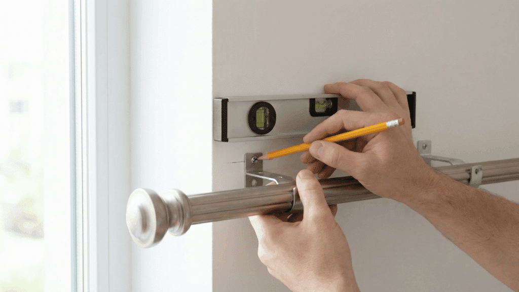 Marking curtain bracket positions with pencil and level above the window