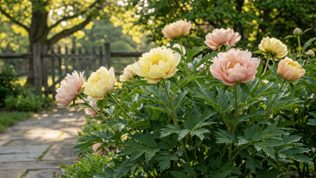 Itoh Peonies: Planting and Care Tips Mature Itoh peonies+in full bloom with large upright flowers in a sunny garden