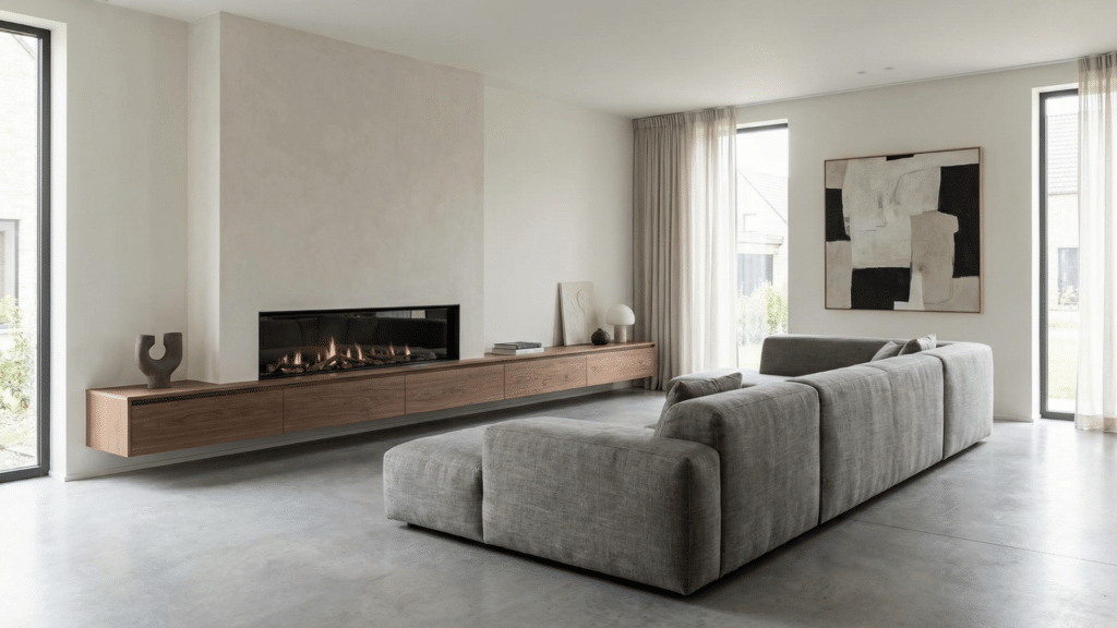 Modern linear plaster fireplace with horizontal firebox design