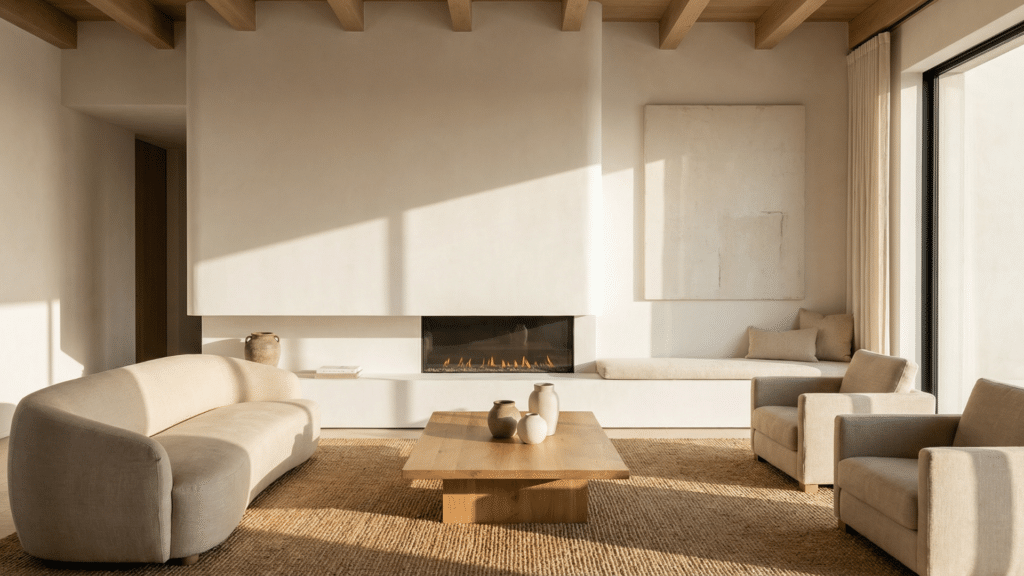 Modern living room featuring a smooth floor to ceiling plaster fireplace with neutral decor