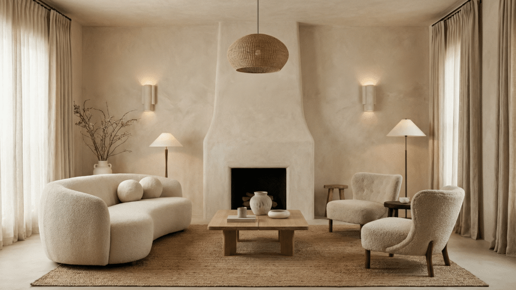 Monochromatic plaster fireplace blending seamlessly with surrounding walls